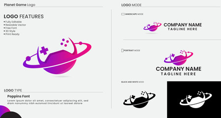Obraz premium Planet gaming logo design. Game controller logo. Business. Sports. Game. Play. Creative. Space. Planet vector. Colorful design. Controller.