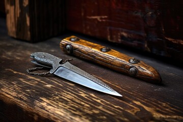 close-up of a pocket knife embedded in an old, weathered wooden table - obrazy, fototapety, plakaty
