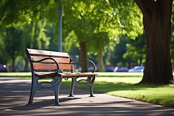 a bicycle parked near a park bench