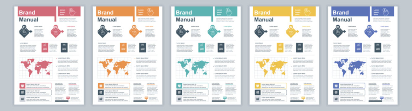 DIN A3 Business Brand Manual Templates Set. Company Identity Brochure Page With Infographic Financial Data. Marketing Research, And Commercial Offer. Vector Layout Design For Poster, Cover, Brochure