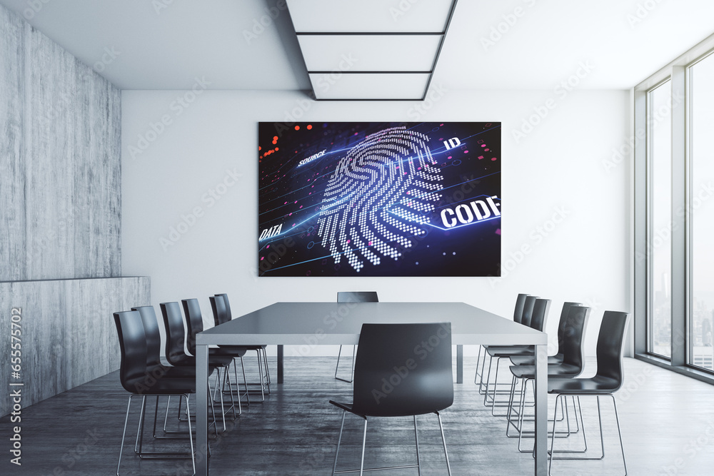 Aufkleber Abstract graphic fingerprint sketch on tv display in a modern presentation room, fingerprint scan data concept. 3D Rendering
