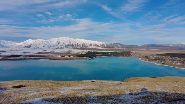 Lake Takepo, New Zealand: Dramatic panoramic view of lake Takepo in the southern alps on a sunny winter day in New Zealand