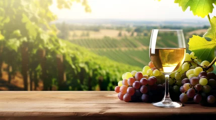 Foto op Canvas A glass of wine and a bunch of grapes, backdrop of a landscape with vineyards. © Olga Gubskaya