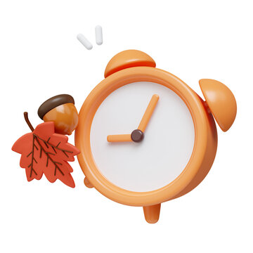 3d Autumn clock . Golden fall. Season decoration. icon isolated on gray background. 3d rendering illustration. Clipping path.