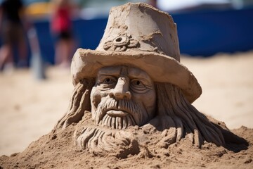 pirate hat atop a sand sculpture of a pirate