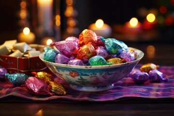 bowl of festive holiday candies in bright wrappers