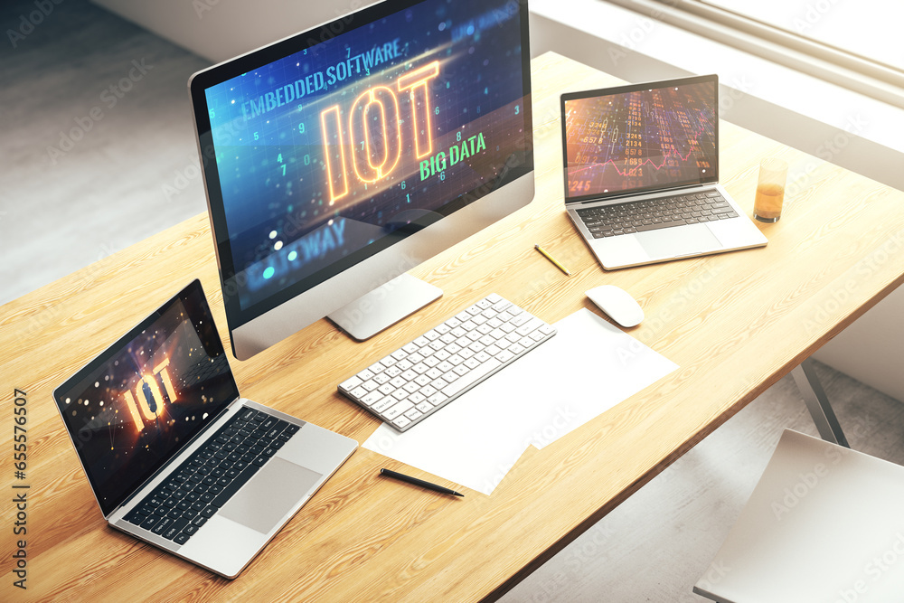 Poster creative iot concept on modern laptop screen. 3d rendering