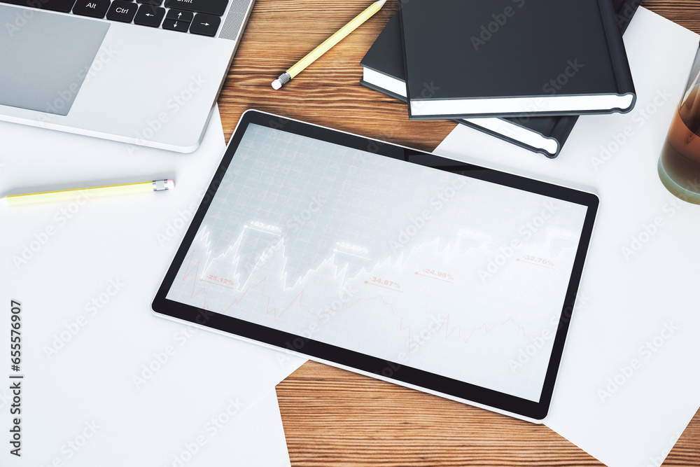 Fototapete top view of abstract creative financial graph on modern digital tablet screen, forex and investment 
