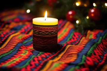close-up of unlit patterned kwanzaa candle on a woven mat