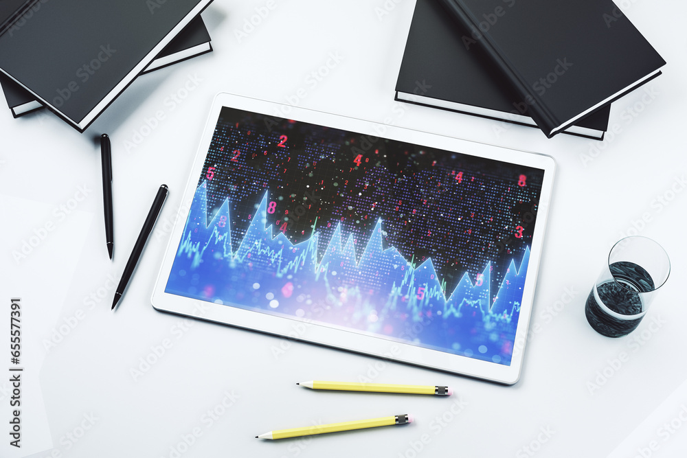 Fototapete top view of modern digital tablet screen with abstract graphic data spreadsheet sketch, analytics an