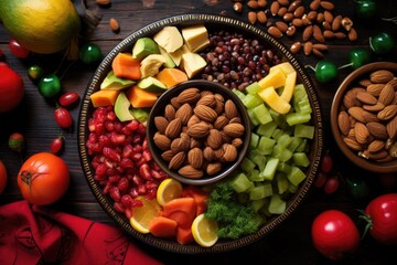 top view of an african bowl filled with fruits and nuts for kwanzaa