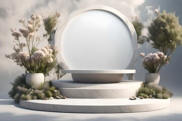 Front view of the stone podium showcases products in a garden with flowers, plants, and branches. Empty platform.