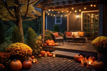 well-lit back porch with pumpkins grouped together
