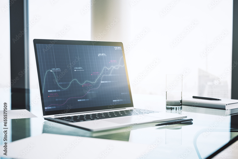 Aufkleber modern computer screen with creative statistics data hologram, stats and analytics concept. 3d rende