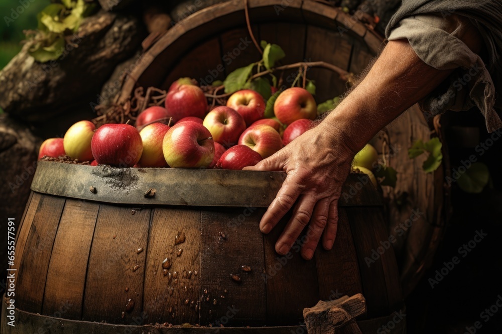 Sticker hand picking up an apple from a barrel full of apples