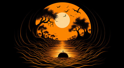 an orange holloween design, in the style of black background, tattoo inspired, minimalist landscapes, animated gifs, pictorial dreams, mesmerizing optical illusions, i can't believe how beautiful this