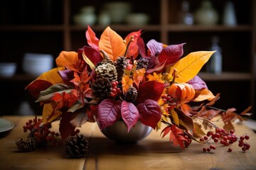 a fall-themed table centerpiece comprising a variety of leaves