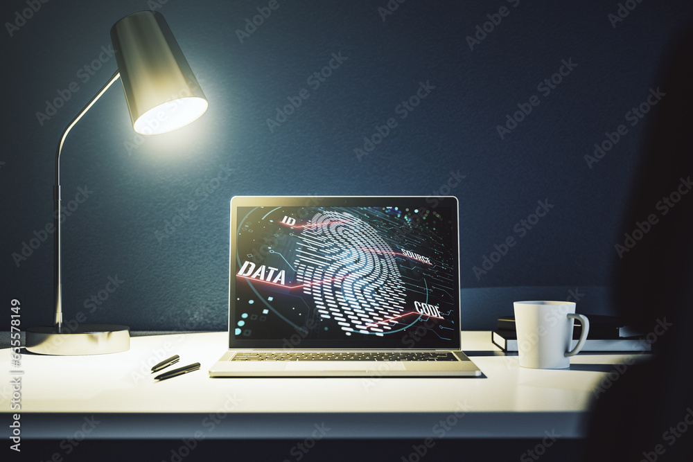 Leinwandbilder Computer monitor with abstract fingerprint scan interface, digital access concept. 3D Rendering