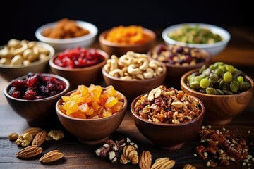 cereal bowls with various nuts and dried fruits - obrazy, fototapety, plakaty