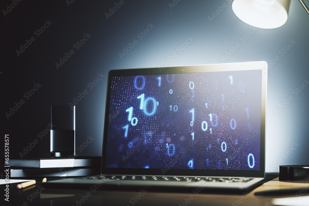 Leinwandbilder modern computer monitor with creative abstract binary code hologram. database and programming concep