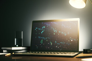 Creative scientific formula hologram on modern laptop monitor, research concept. 3D Rendering