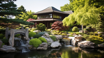 Fototapeta na wymiar Beautiful Japanese Garden Wedding Venue, Stone Pathway, Koi Pond, Natural and Harmonious Background