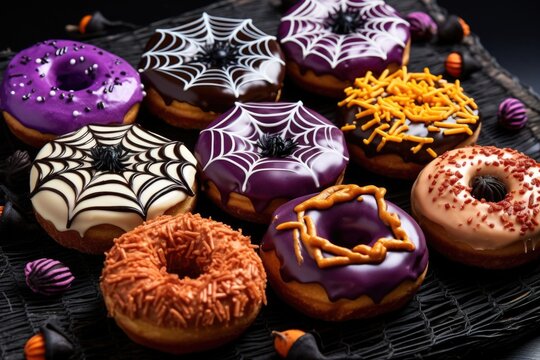 halloween-themed doughnuts with various icing designs