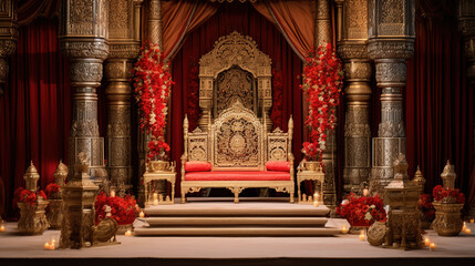 Magnificent Indian Wedding Stage, Flower Arrangements, Cascading Fabrics, Intricately Carved Thrones