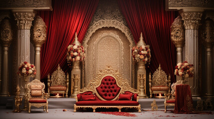 Magnificent Indian Wedding Stage, Flower Arrangements, Cascading Fabrics, Intricately Carved Thrones - obrazy, fototapety, plakaty