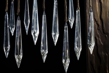 crystal icicle ornaments hanging against dark background