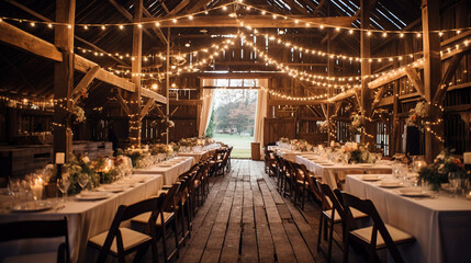 Fototapeta na wymiar Rustic Barn Wedding, Wood Beams, Stone Jars, Burlap Accents and String Lights