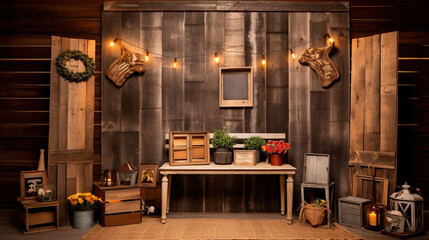 Country Themed Photo Booth, Wooden Backdrop, Burlap Props, Mason Jar Lamp and Chalkboard Sign, Relaxed Vibe