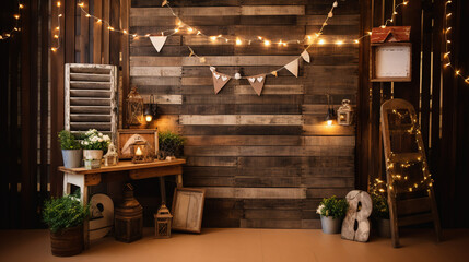 Country Themed Photo Booth, Wooden Backdrop, Burlap Props, Mason Jar Lamp and Chalkboard Sign, Relaxed Vibe - obrazy, fototapety, plakaty