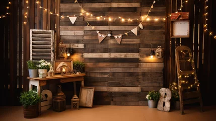 Deurstickers Country Themed Photo Booth, Wooden Backdrop, Burlap Props, Mason Jar Lamp and Chalkboard Sign, Relaxed Vibe © Magenta Dream