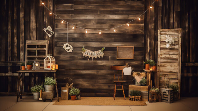 Country Themed Photo Booth, Wooden Backdrop, Burlap Props, Mason Jar Lamp and Chalkboard Sign, Relaxed Vibe