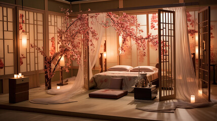 Serene Japanese Bridal Suite, Sliding Paper Screen, Kimono Decoration