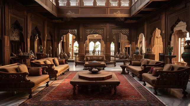 Traditional Arabic Majlis, Low Chairs, Plush Cushions, Intricately Patterned Rugs and Ornate Wooden Screens