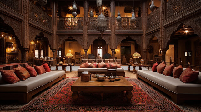 Traditional Arabic Majlis, Low Chairs, Plush Cushions, Intricately Patterned Rugs and Ornate Wooden Screens