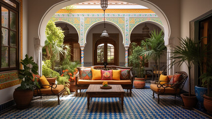 Traditional Indian Courtyard With Central Courtyard, Surrounded By Arched Walkways, Colorful Tiles, Potted Plants - obrazy, fototapety, plakaty