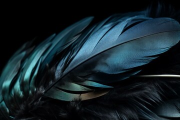 Close-up blue feather on black background with blurry image of feathers and bird's feathers. Generative AI - obrazy, fototapety, plakaty