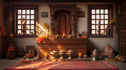 Traditional Indian Pooja Room, Carved Wooden Altar, Holy Statues, Incense Holder and Colorful Rangoli Designs