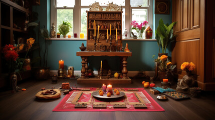 Traditional Indian Pooja Room, Carved Wooden Altar, Holy Statues, Incense Holder and Colorful Rangoli Designs - obrazy, fototapety, plakaty