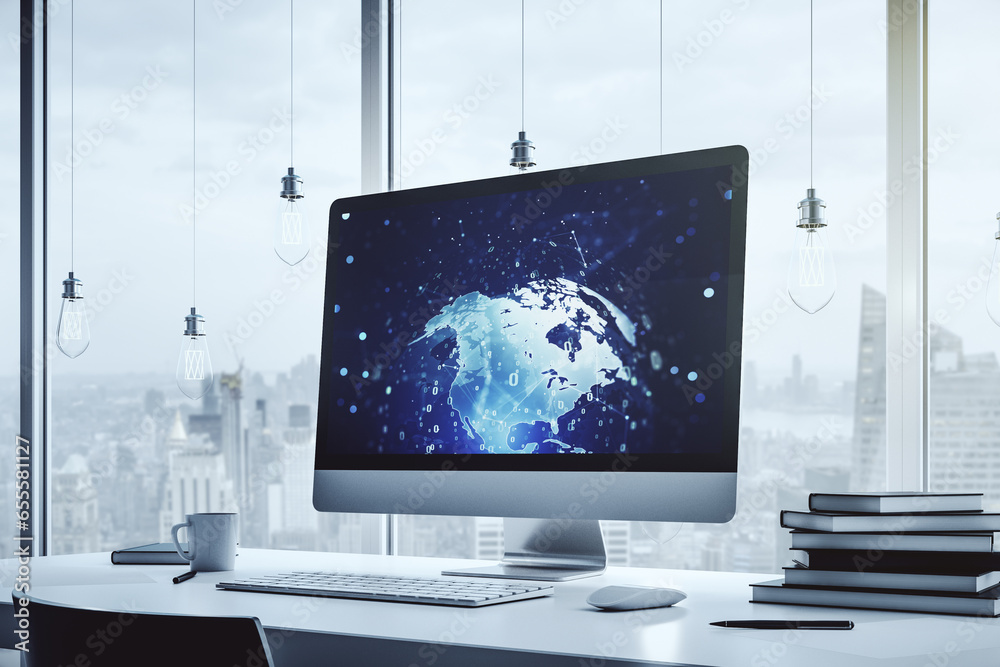 Poster computer monitor with abstract creative programming illustration and world map, big data and blockch
