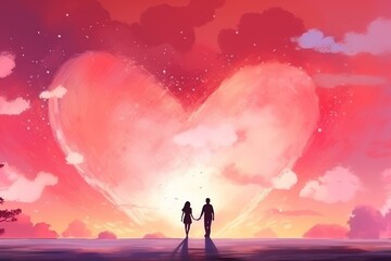 Red rainbow sky with pastel abstract background, smooth wallpaper with sunny landscape. Couple's sweet love valentine day card poster. Generative AI