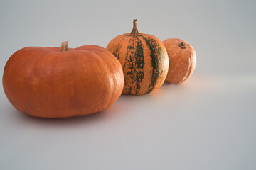 Three big orange Halloween pumpkins on a white background