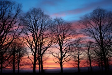 Fototapeta na wymiar trees silhouetted against a chilled dawn sky