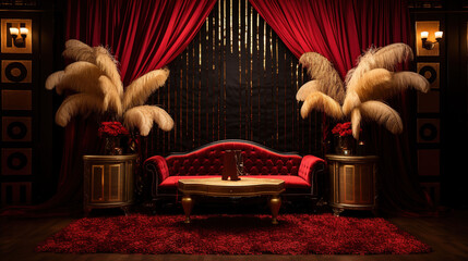 Hollywood Inspiration, Glamorous Photo Booth with Sequin Backdrop, Red Carpet, Velvet Laces - obrazy, fototapety, plakaty
