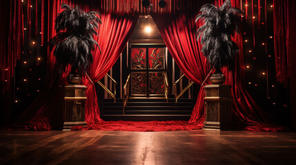 Hollywood Inspiration, Glamorous Photo Booth with Sequin Backdrop, Red Carpet, Velvet Laces - obrazy, fototapety, plakaty
