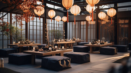 Japanese Style Wedding Reception with Low Dining Table, Floor Cushions, Paper Lanterns and Floral Decorations - obrazy, fototapety, plakaty