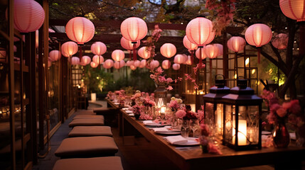 Japanese Style Wedding Reception with Low Dining Table, Floor Cushions, Paper Lanterns and Floral Decorations - obrazy, fototapety, plakaty